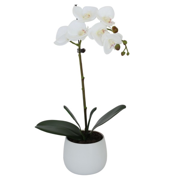 Elegant Single Stem White Real Touch Artificial Potted Orchid (46cm) in Round White Ceramic Pot G1040