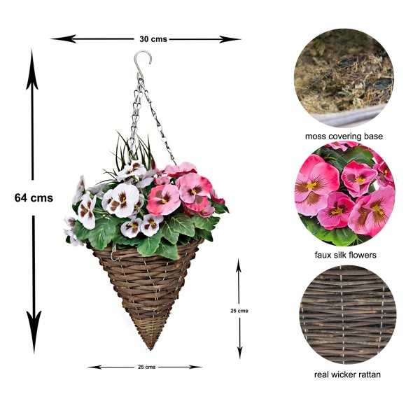 Artificial Pink & White Pansy Cone Shaped Rattan Hanging Basket (Set of 2) - GB1012