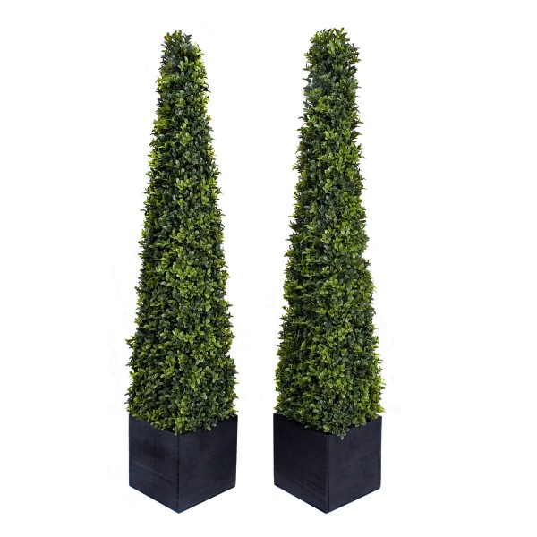 Artificial Premium Quality Boxwood Topiary Metal Framed Pyramid Trees in Black Square Planter 120cm/4ft (Set of 2)