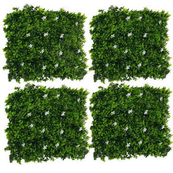 Artificial Green Wall Hedge with Green Leaf Foliage and White Flowers Pack of 4 x 50cm/20in - GB1267