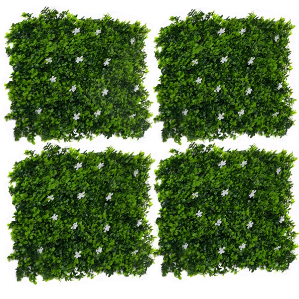 Artificial Green Wall Hedge with Green Leaf Foliage and White Flowers Pack of 4 x 50cm/20in