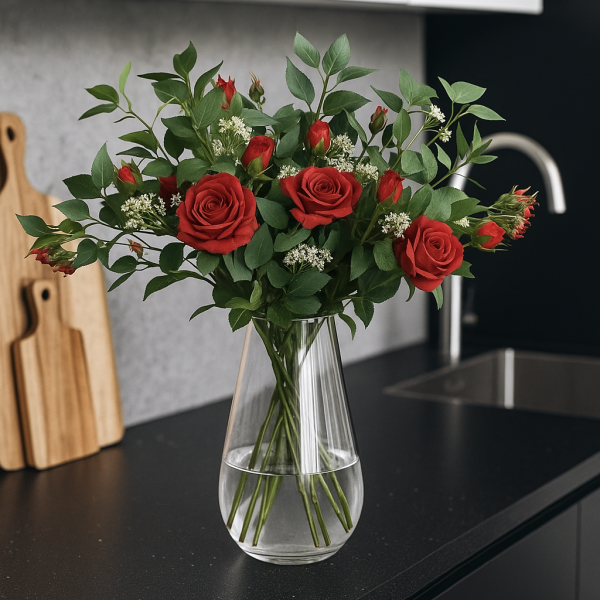 Artificial Red Flower Bouquet with Roses, Elderflower, Berries & Greenery - A1207