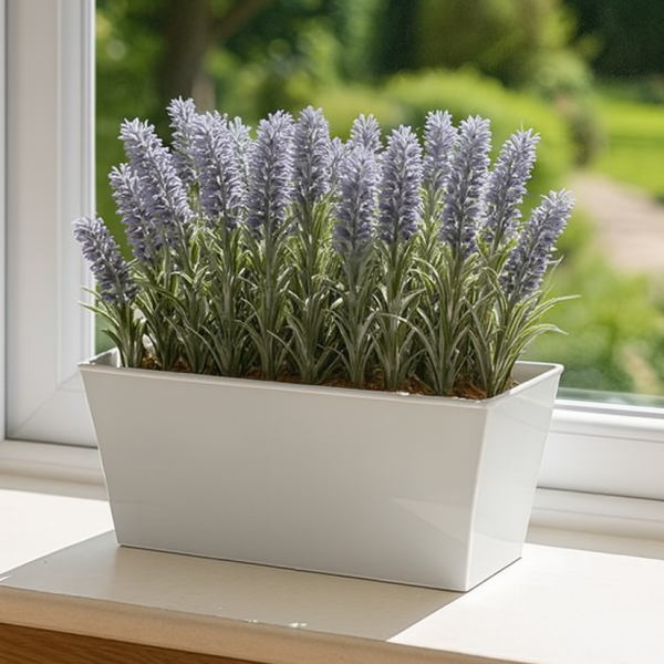 Artificial Lavender Tin White Planter Window Box 30cm/12in - GB1027