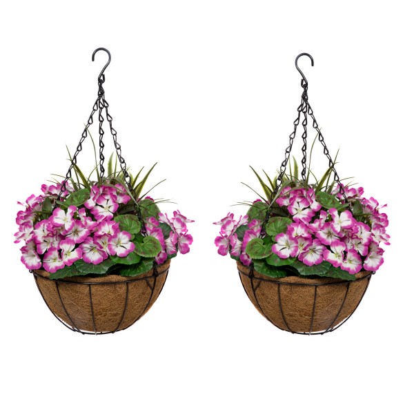 Artificial Purple Geranium Round Coir Hanging Basket (Set of 2) - GB1189