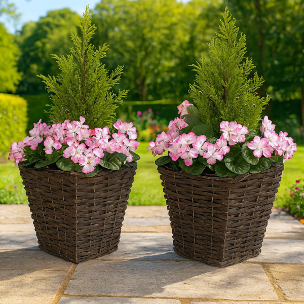 Artificial Pink Geranium Rattan Patio Planters 60cm/24in (Set of 2) - GB1257