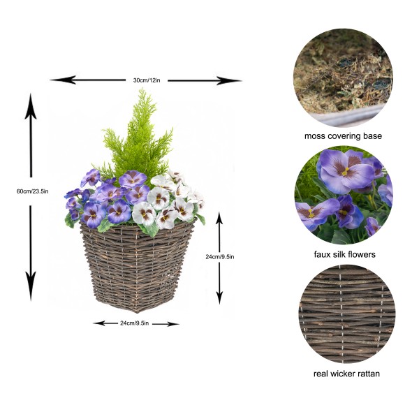 Artificial Purple & White Pansy Rattan Patio Planter 60cm/24in (Set of 2) - GB1016
