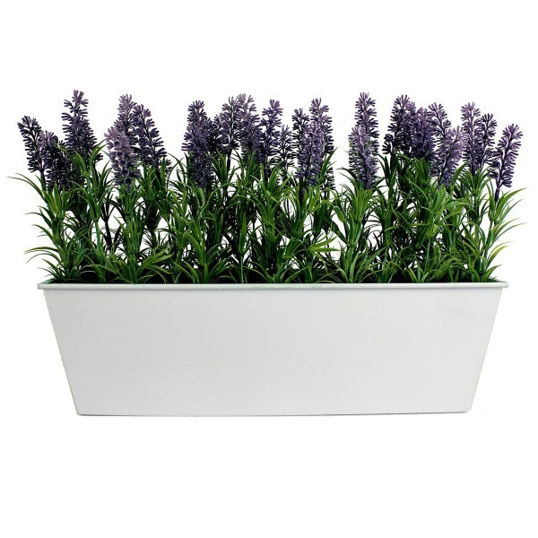 Artificial Lavender Tin White Planter Window Box 45cm/18in - GB1019