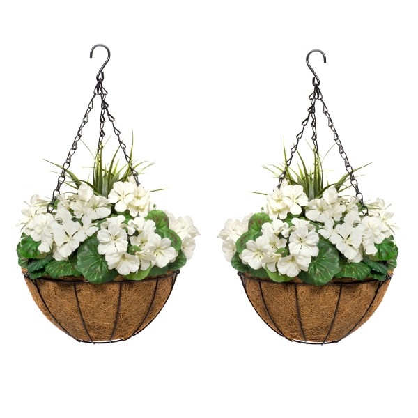 Artificial White Geranium Round Coir Hanging Basket (Set of 2) - GB1187