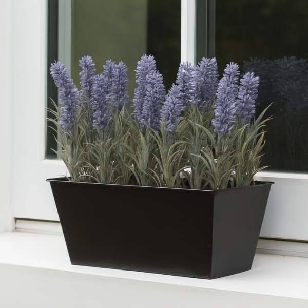 Artificial Lavender Tin Black Planter Window Box 30cm/12in - GB1214