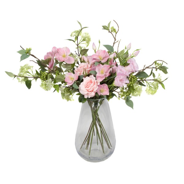 Artificial Pink Flower Bouquet with Roses, Hellebores Elderflower, Berries & Greenery