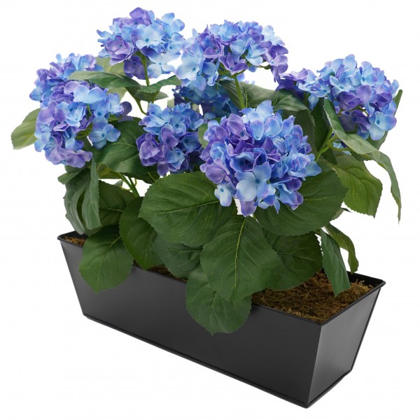 Artificial Blue Hydrangea in Black Metal Window Box - GB1385