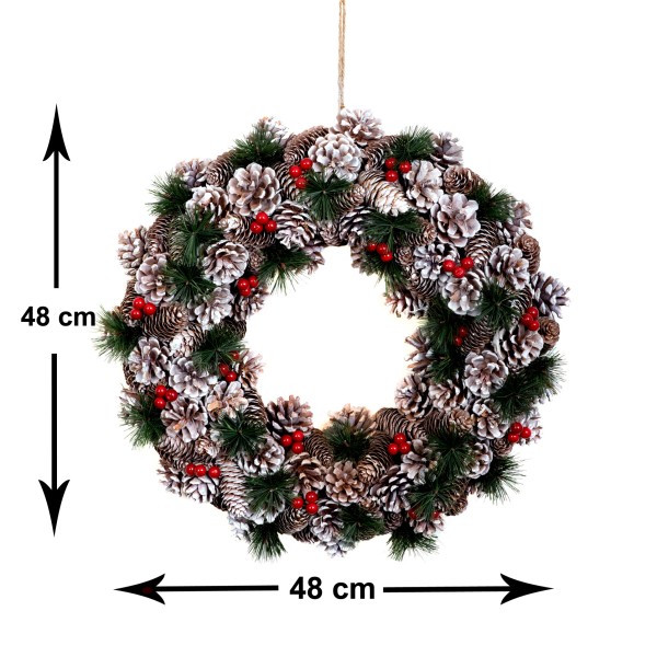 GreenBrokers Christmas Hanging Wreath 48cm Pine Cones Berries Subtle Frosting D1229