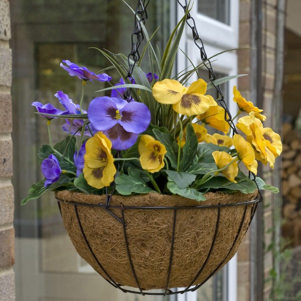 Artificial Purple & Yellow Pansy Round Coir Hanging Basket (Set of 2) 