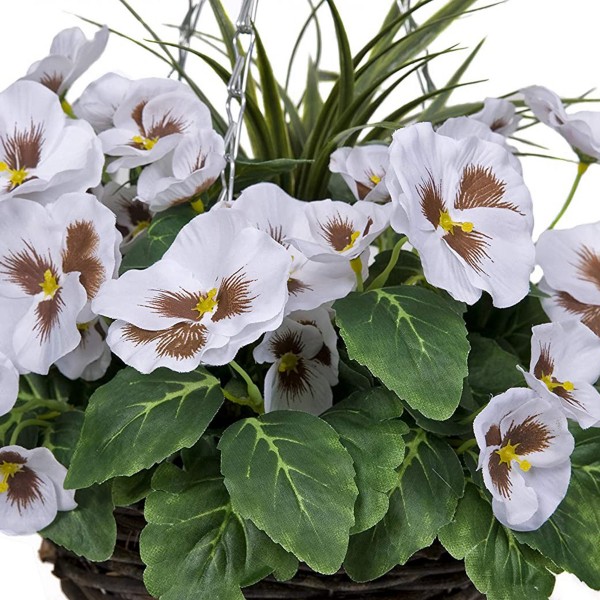 Artificial White Pansy Cone Shaped Rattan Hanging Basket (Set of 2) 