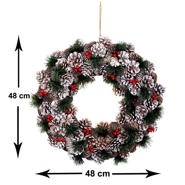Christmas Hanging Wreath Festive Pine Cone Display Subtle White Frosting 48cm