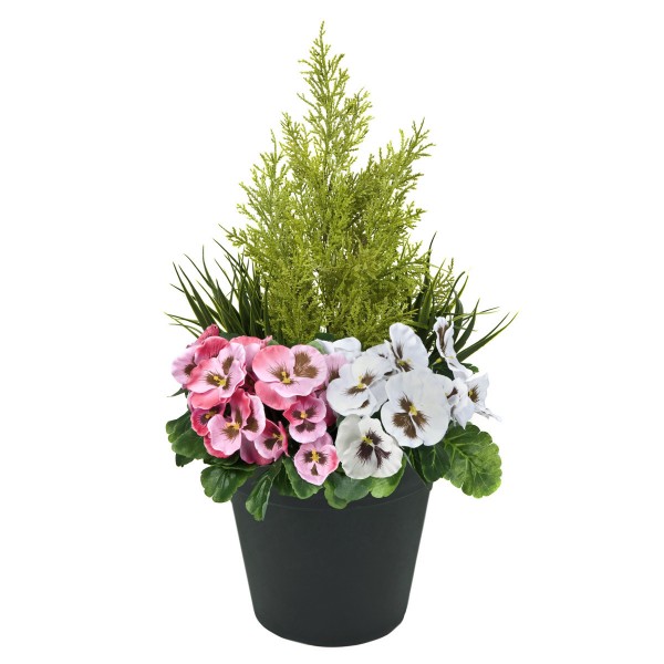 Artificial Pink & White Pansy Black Patio Planter 60cm/24in - GB1079