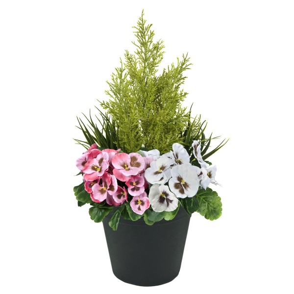 Artificial Pink & White Pansy Black Patio Planter 60cm/24in