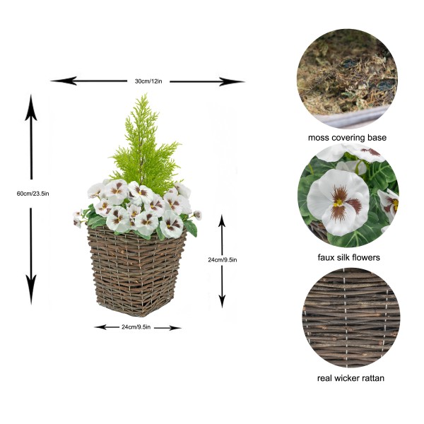 Artificial White Pansy Conifer Rattan Patio Planter  60cm/24in (Set of 2) - GB1014