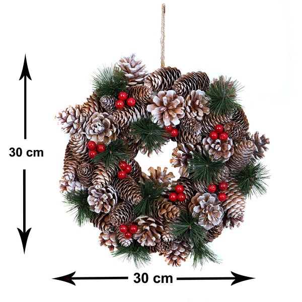 Christmas Hanging Wreath Festive Pine Cone Display Subtle White Frosting 30cm OUT OF STOCK