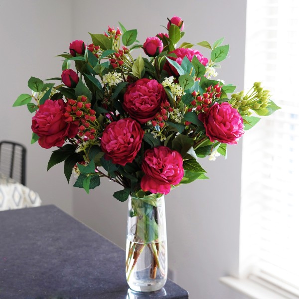 Artificial Dark Pink Flower Bouquet with Peonies, Elderflower, Berries & Greenery
