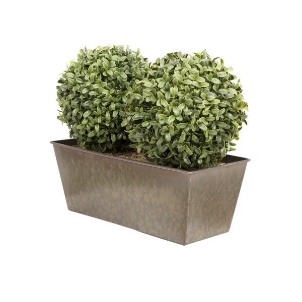 Artificial Topiary Double Ball Aglaia Boxwood in Rustic Slanted Tin Window Box 35cm/14in - GB1029