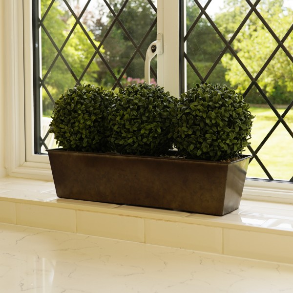 Artificial Topiary Triple Ball Aglaia Boxwood in Rustic Slanted Tin