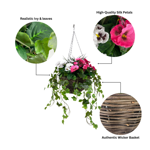 Artificial Pink and White Pansy Hanging Basket with Ivy (30cm) - GB1454