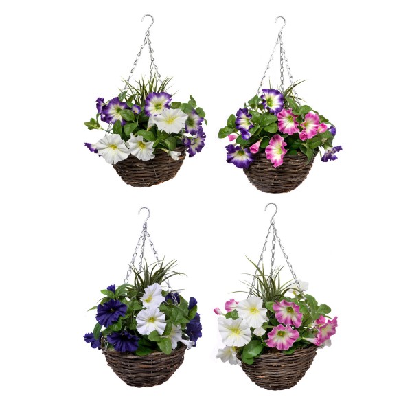 Artificial Dark Purple & White Round Rattan Petunia Hanging Baskets (Set of 2) - GB1183