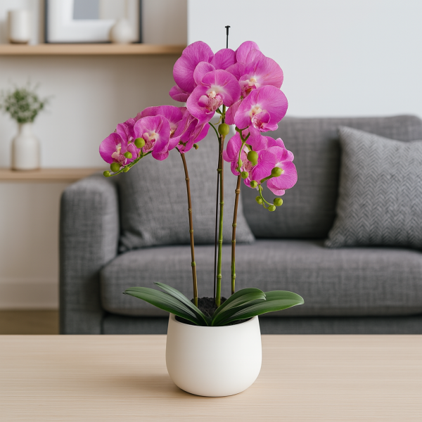 Elegant Large Triple Stem Pink Real Touch Artificial Potted Orchid (65cm) in Round White Ceramic Pot A1317
