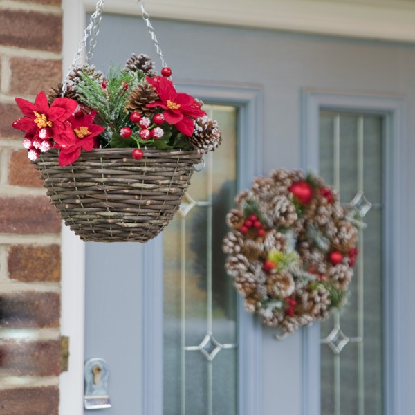 Artificial Christmas Rattan Hanging Basket with Snow Poinsettia, Pinecones & Berries & Holly & Conifer Greenery