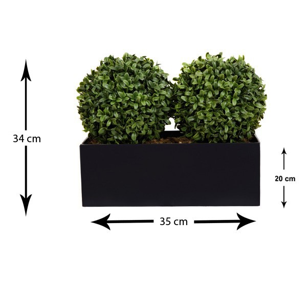 Artificial Topiary Double Ball Aglaia Boxwood in Black Straight Tin Window Box 35cm/14in - A1071-GB