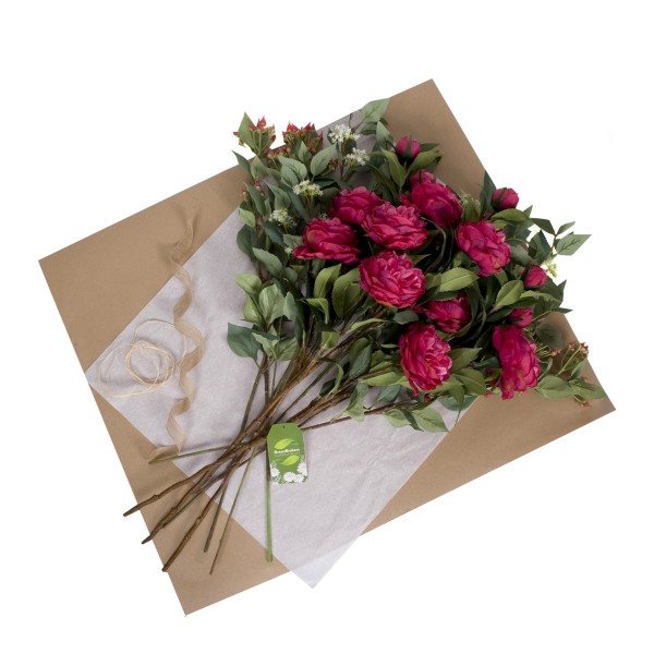 Artificial Dark Pink Flower Bouquet with Peonies, Elderflower, Berries & Greenery