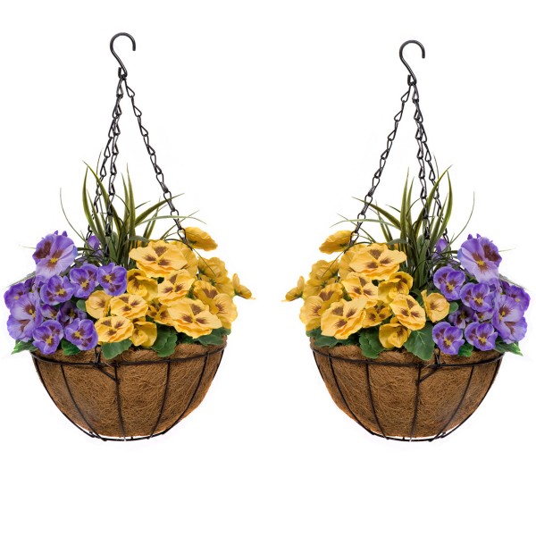Artificial Purple & Yellow Pansy Round Coir Hanging Basket (Set of 2) - GB1156