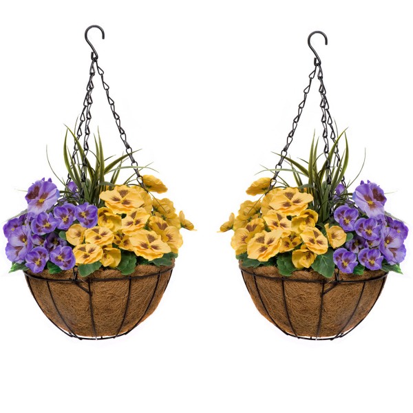 Artificial Purple & Yellow Pansy Round Coir Hanging Basket (Set of 2) 