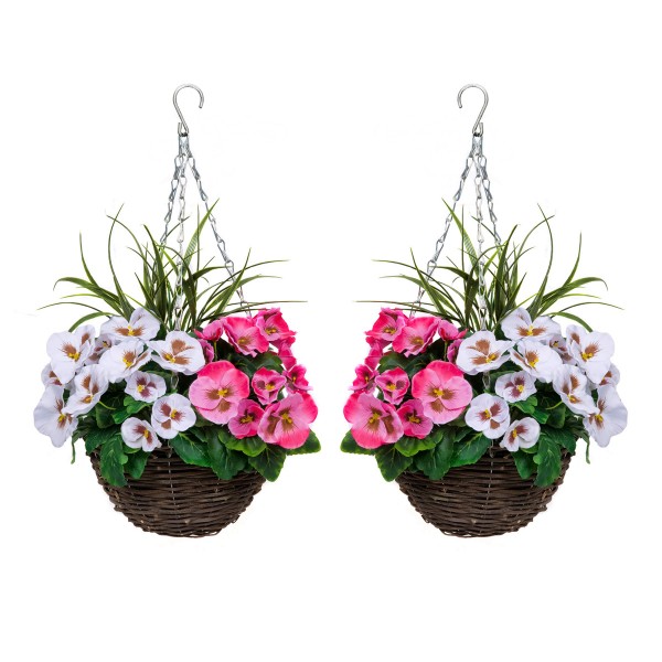 Artificial Pink & White Pansy Round Rattan Hanging Basket (Set of 2)