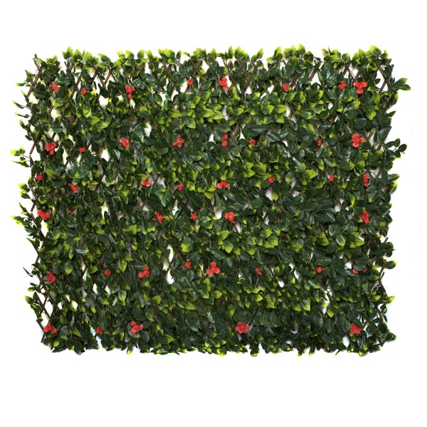 Artificial Expanding Green Wall Willow Trellis Fence with Green Foliage and Red Flowers (1m x 2m) - GB1262