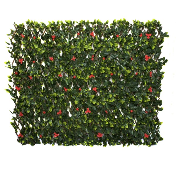 Artificial Expanding Willow Trellis Fence with Green Foliage and Red Flowers (1m x 2m)