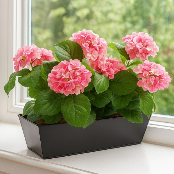 Artificial Pink Hydrangea in Black Window Box - GB1383