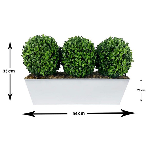 Artificial Topiary Triple Ball Aglaia Boxwood in White Slanted Tin