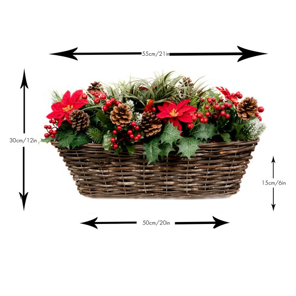 Artificial Christmas Window Box with Poinsettia Pinecones Berries