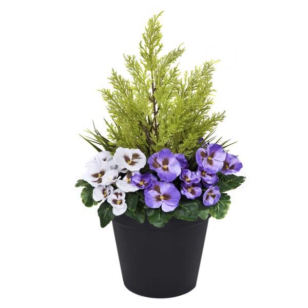 Artificial Purple & White Pansy Black Patio Planter 60cm/24in