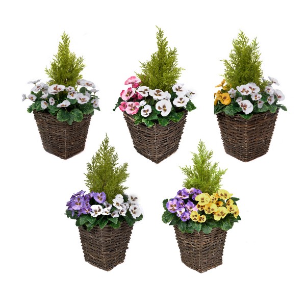 Artificial White Pansy Conifer Rattan Patio Planter  60cm/24in (Set of 2)