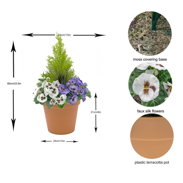 Artificial Purple & White Pansy Terracotta Patio Planter 60cm/24in - GB1076