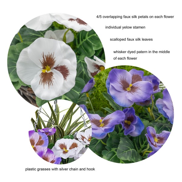 Artificial Purple & White Pansy Round Rattan Hanging Baskets (Set of 2) GB1013