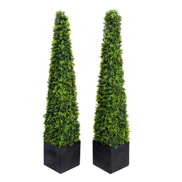 Artificial Boxwood Topiary Pyramid Trees in Black Square Planter 120cm/4ft (Set of 2)