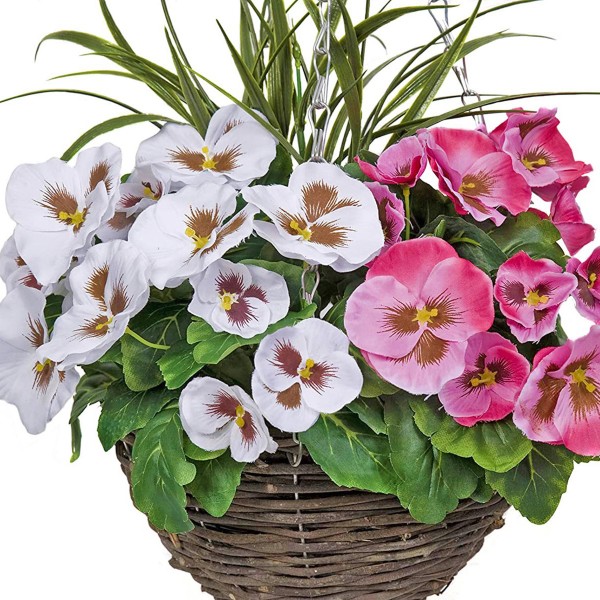 Artificial Pink & White Pansy Cone Shaped Rattan Hanging Basket (Set of 2)