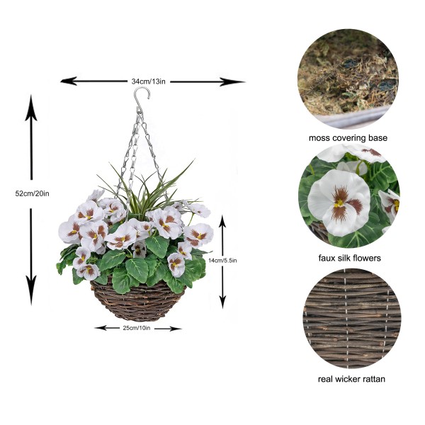 Artificial White Pansy Round Rattan Hanging Basket (Set of 2) - GB1005