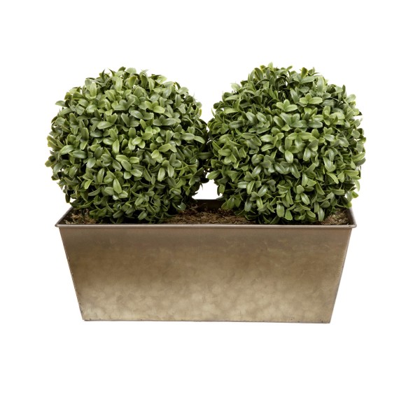 Artificial Topiary Double Ball Aglaia Boxwood in Rustic Slanted Tin Window Box 35cm/14in - GB1029