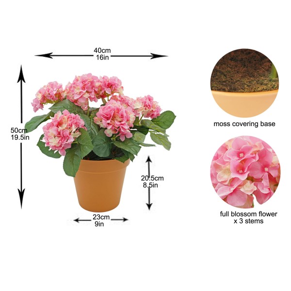 Artificial Pink Hydrangea in Terracotta Pot 50cm/20in - GB1308