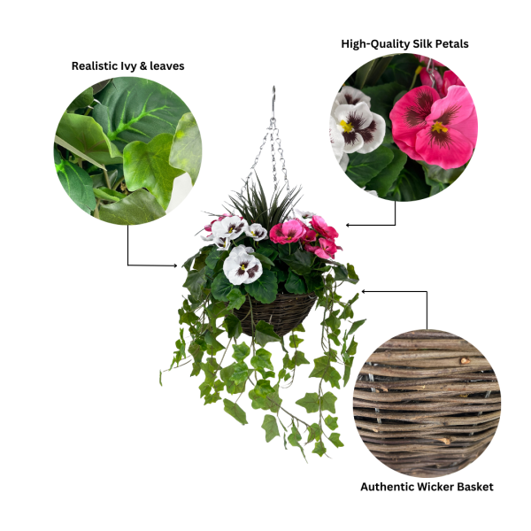 Artificial Pink and White Pansy Hanging Basket with Ivy (25cm) - A1452-GB